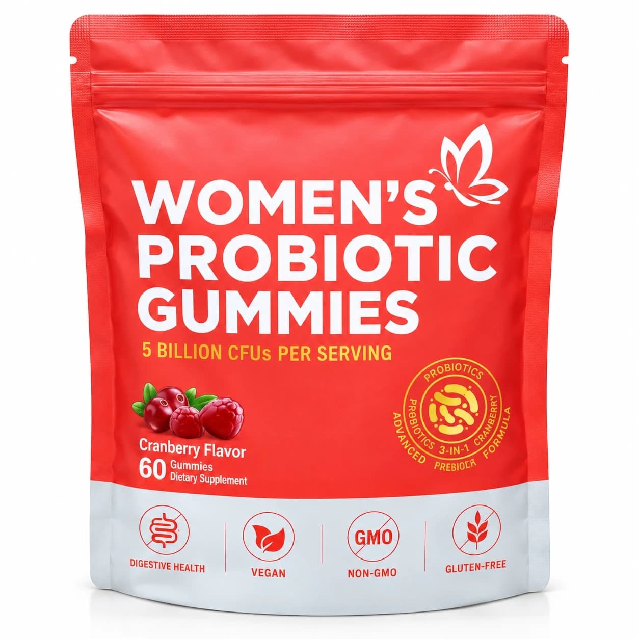 A pouch of women's probiotic gummies held in a hand